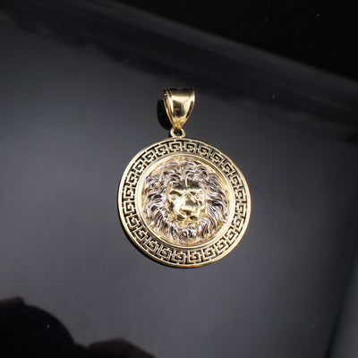 Gold pendant with lion emblem on a dark background