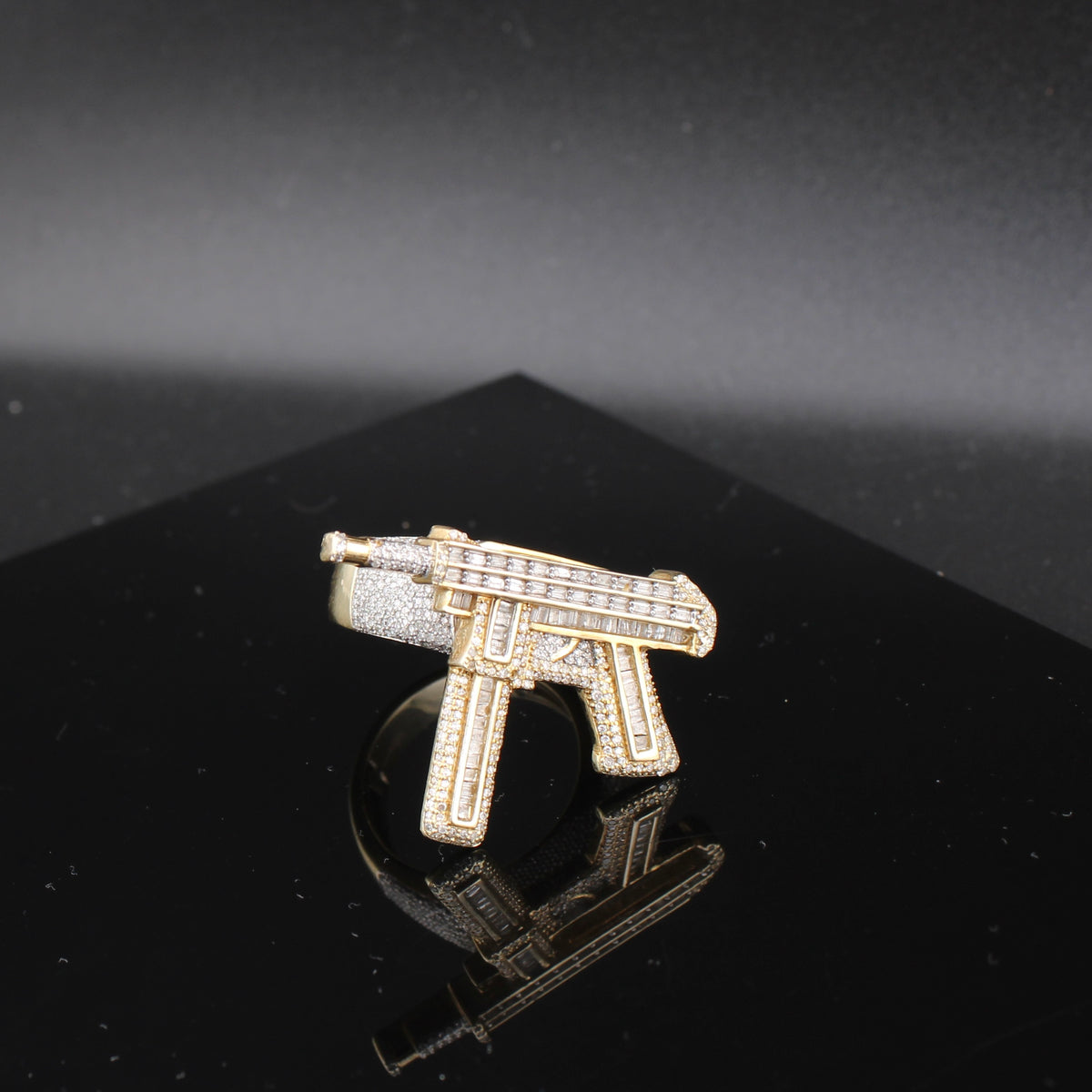 Real 10K Gold Diamond Gun Mens Ring