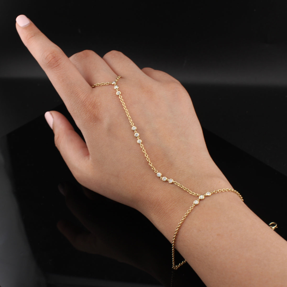 Real 10K Gold Diamond Hand Chain Bracelet