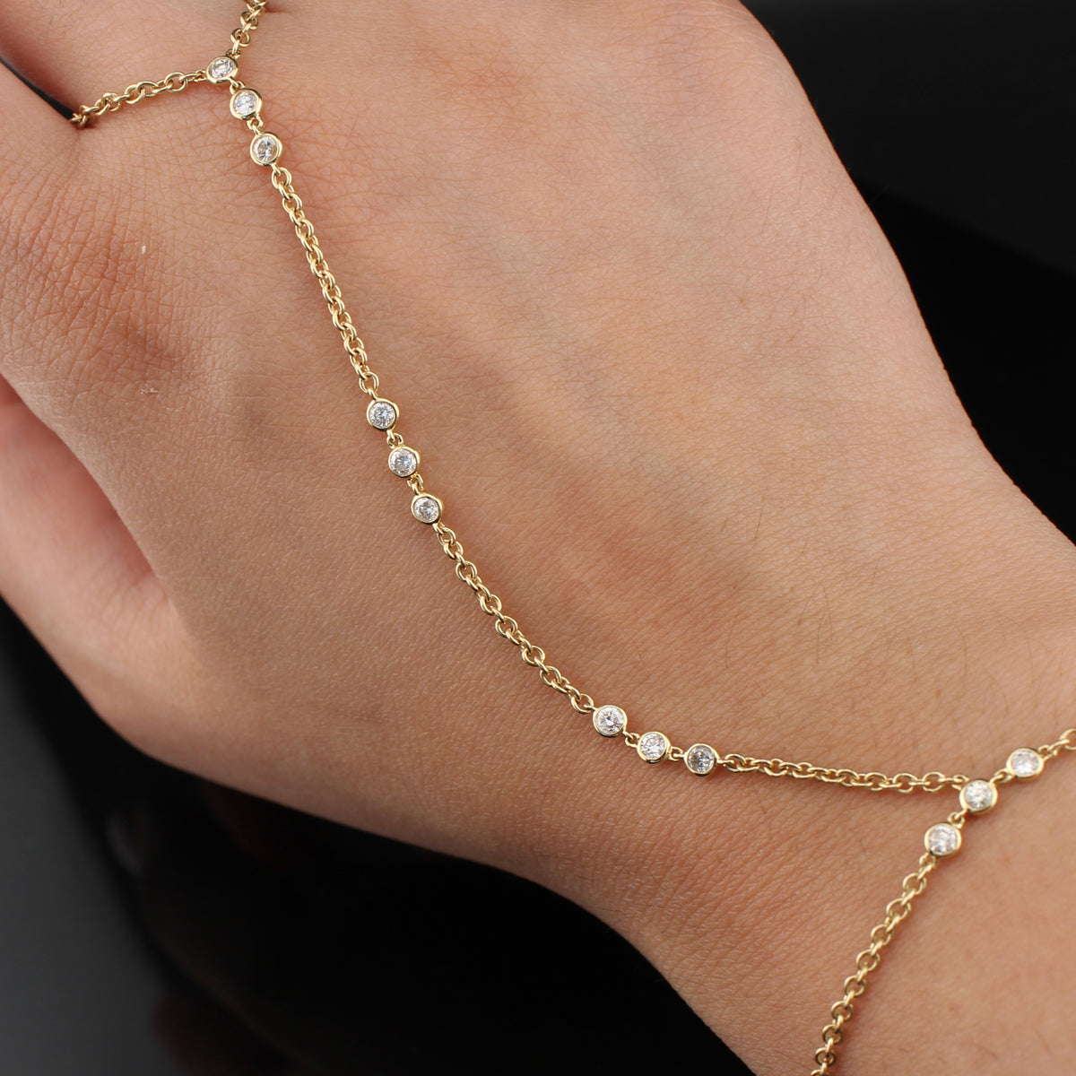 Real 10K Gold Diamond Hand Chain Bracelet