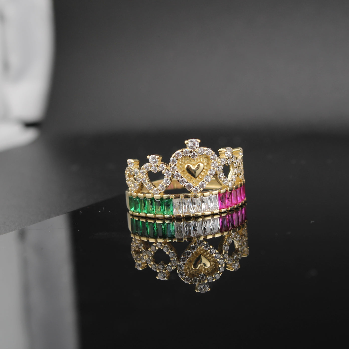 14K Gold Pink Green Crown Ring