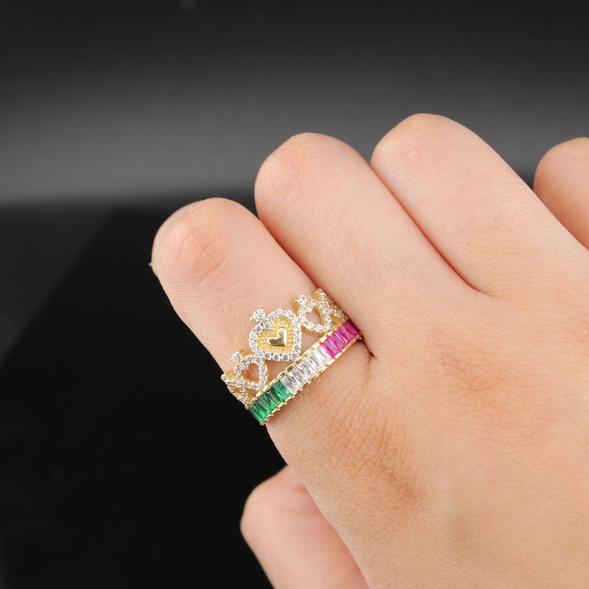 Real 14K Gold Pink Green Crown Ring