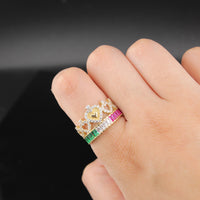 Real 14K Gold Pink Green Crown Ring
