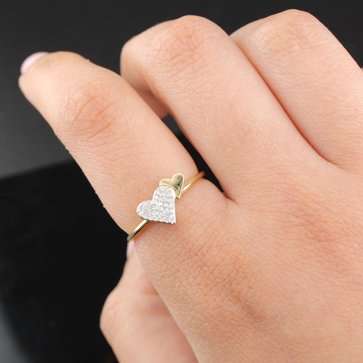 Anillo de corazón de diamante de oro de 14K auténtico