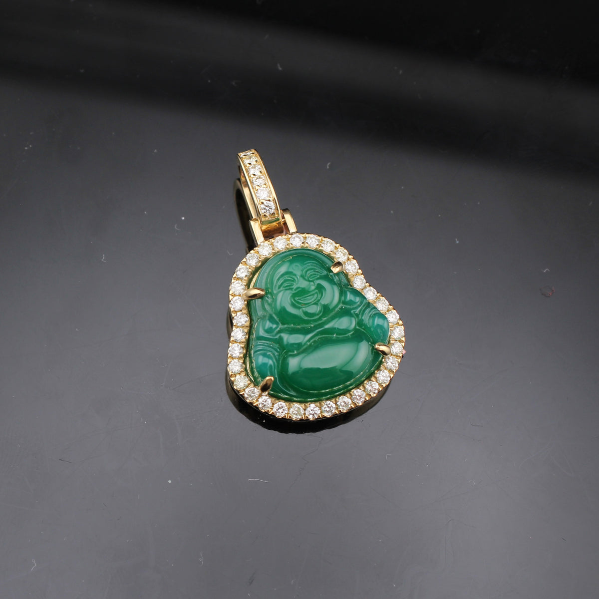 Real 10K Gold Diamond Buddha Green Pendant