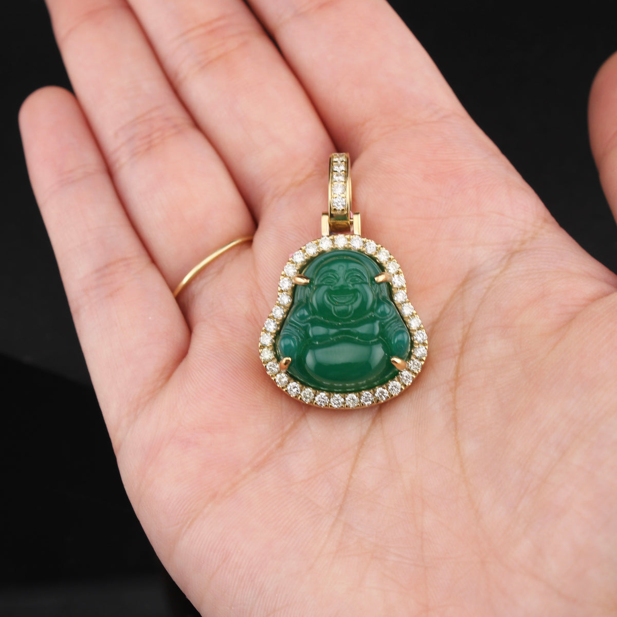 Real 10K Gold Diamond Buddha Green Pendant