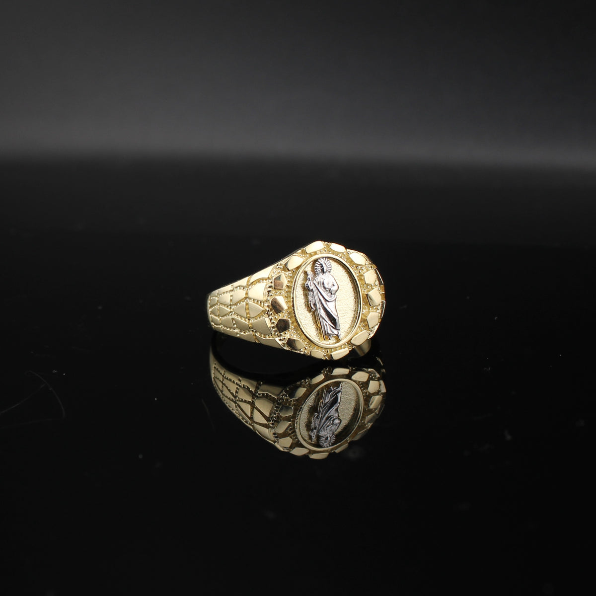Anillo de oro de 10K auténtico, diseño pepita, San Judas