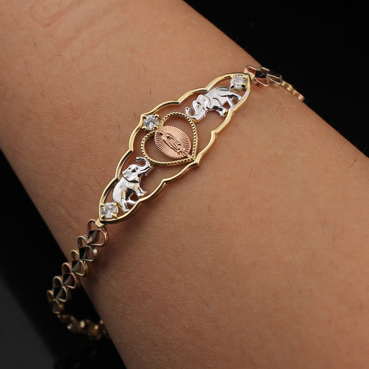 Pulsera de la Virgen María de oro tricolor de 14K auténtico