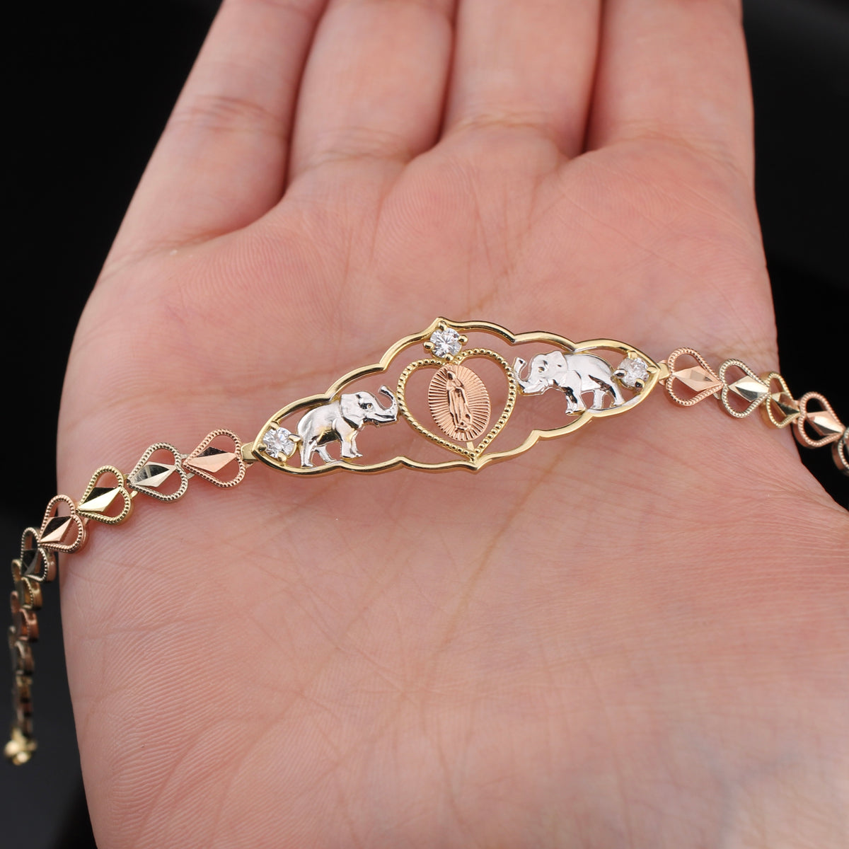 Pulsera de la Virgen María de oro tricolor de 14K auténtico