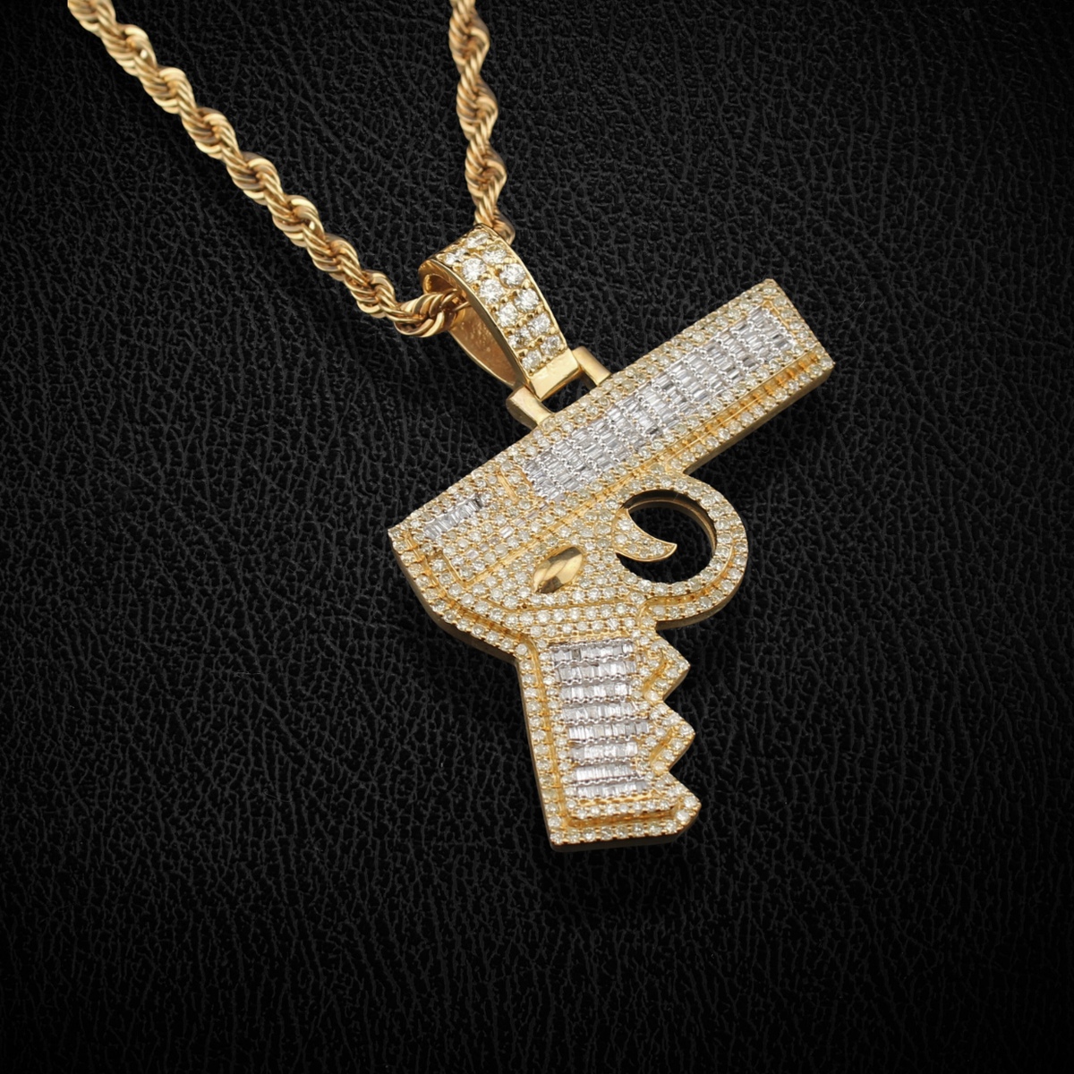 Real 10K Gold Diamond Pistol Pendant & Chain