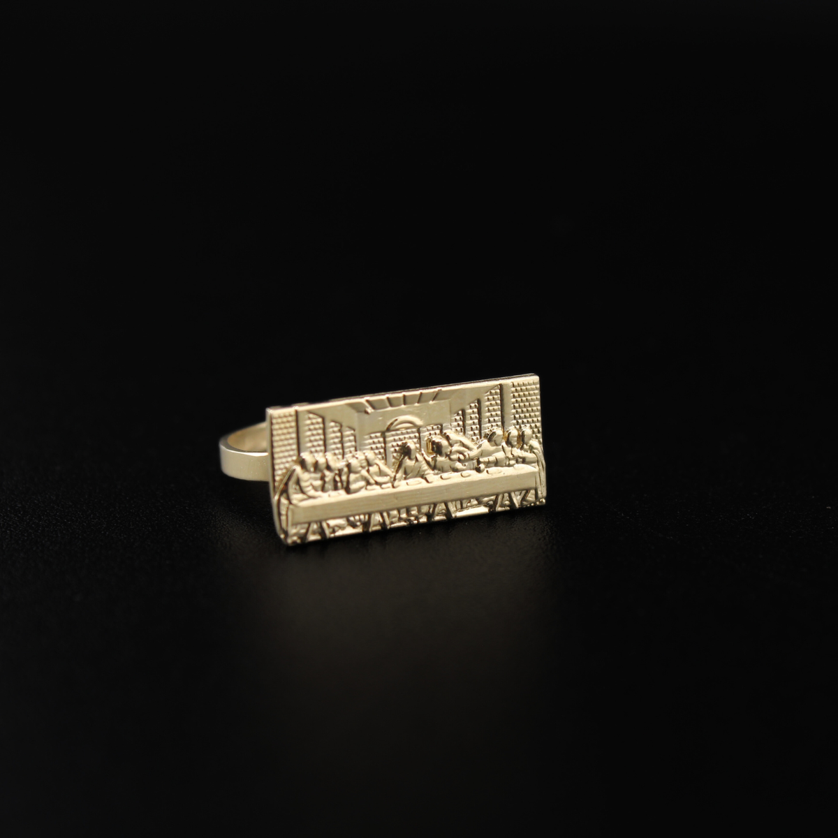 Anillo rectangular de la Última Cena de oro de 10K auténtico