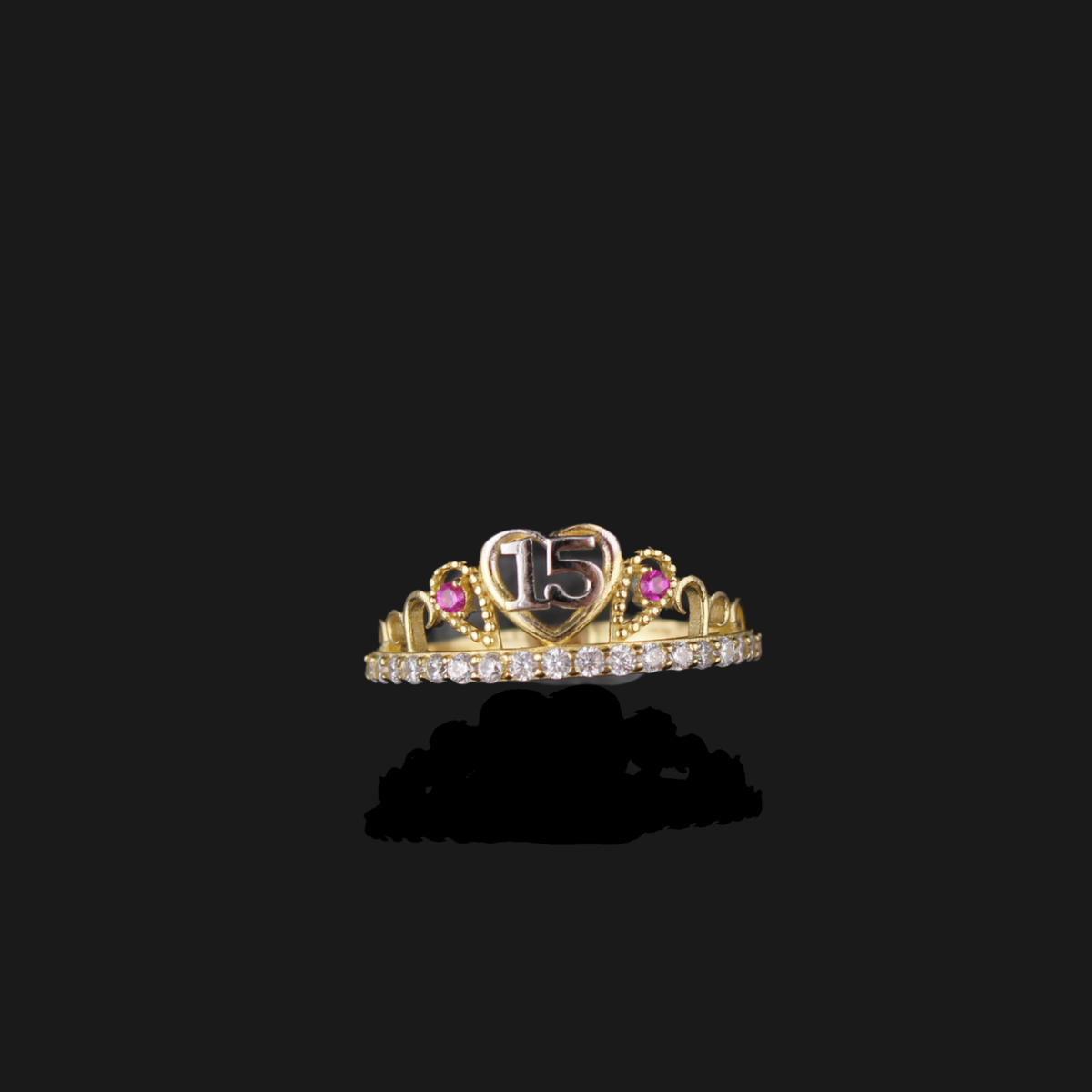 Quinceañera de oro de 10K auténtico con piedras rosas
