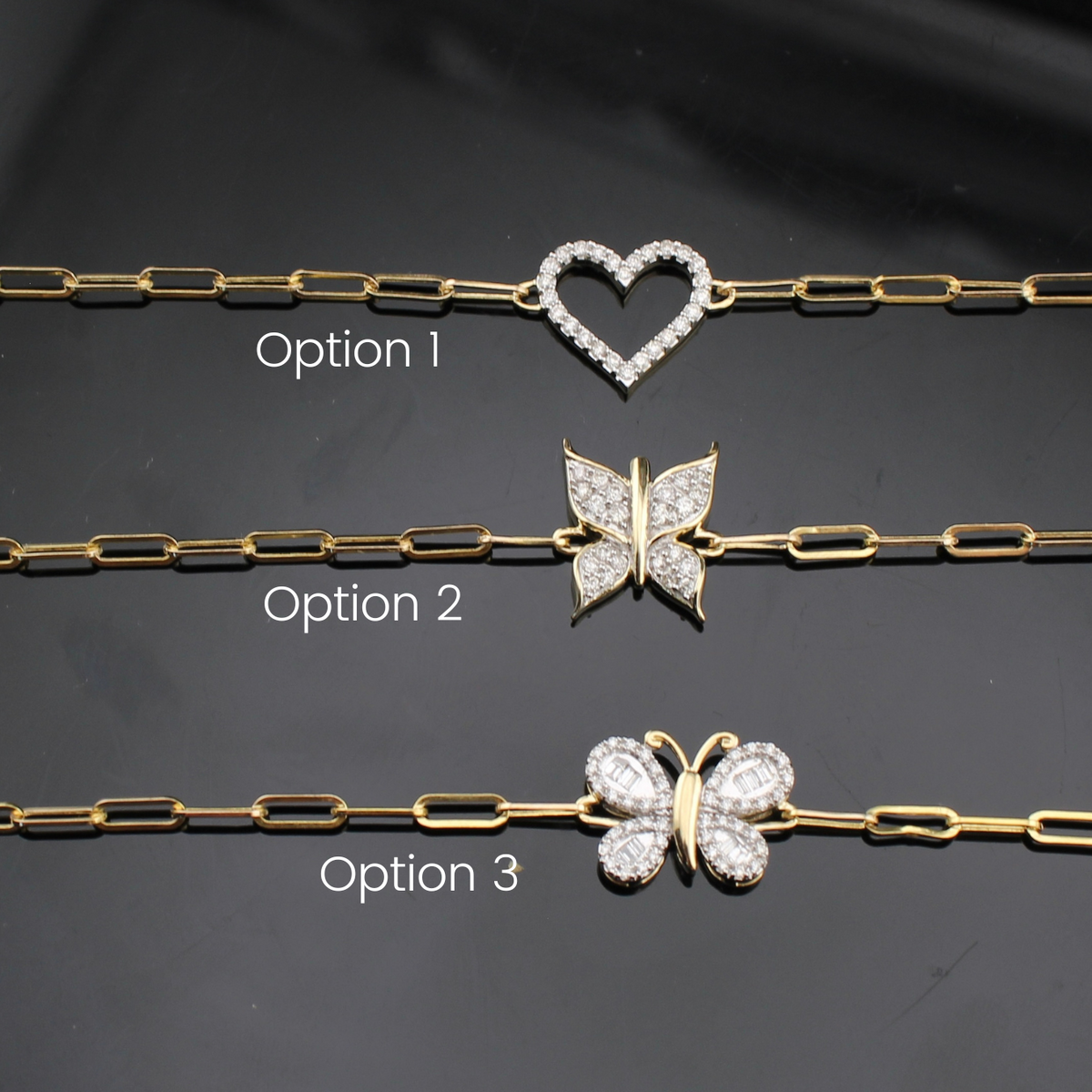 Pulsera de mariposa y corazón con diamantes de oro de 10 quilates auténtico