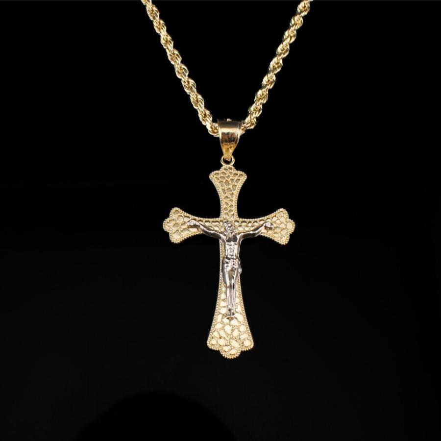 10K Gold Nugget Cross Crucifix Pendant & Chain