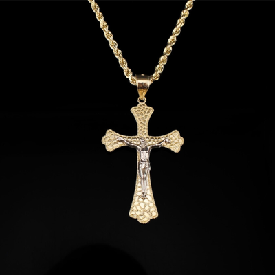 10K Gold Nugget Cross Crucifix Pendant & Chain