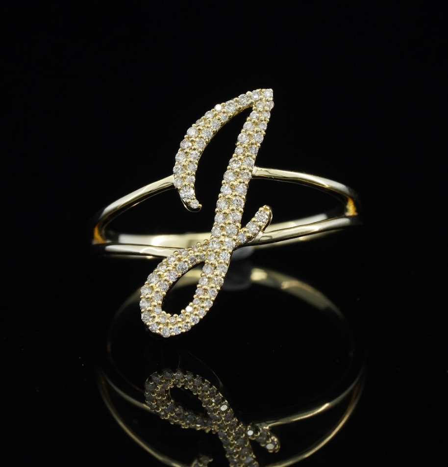 Anillo con letra J de oro 10K real y diamante
