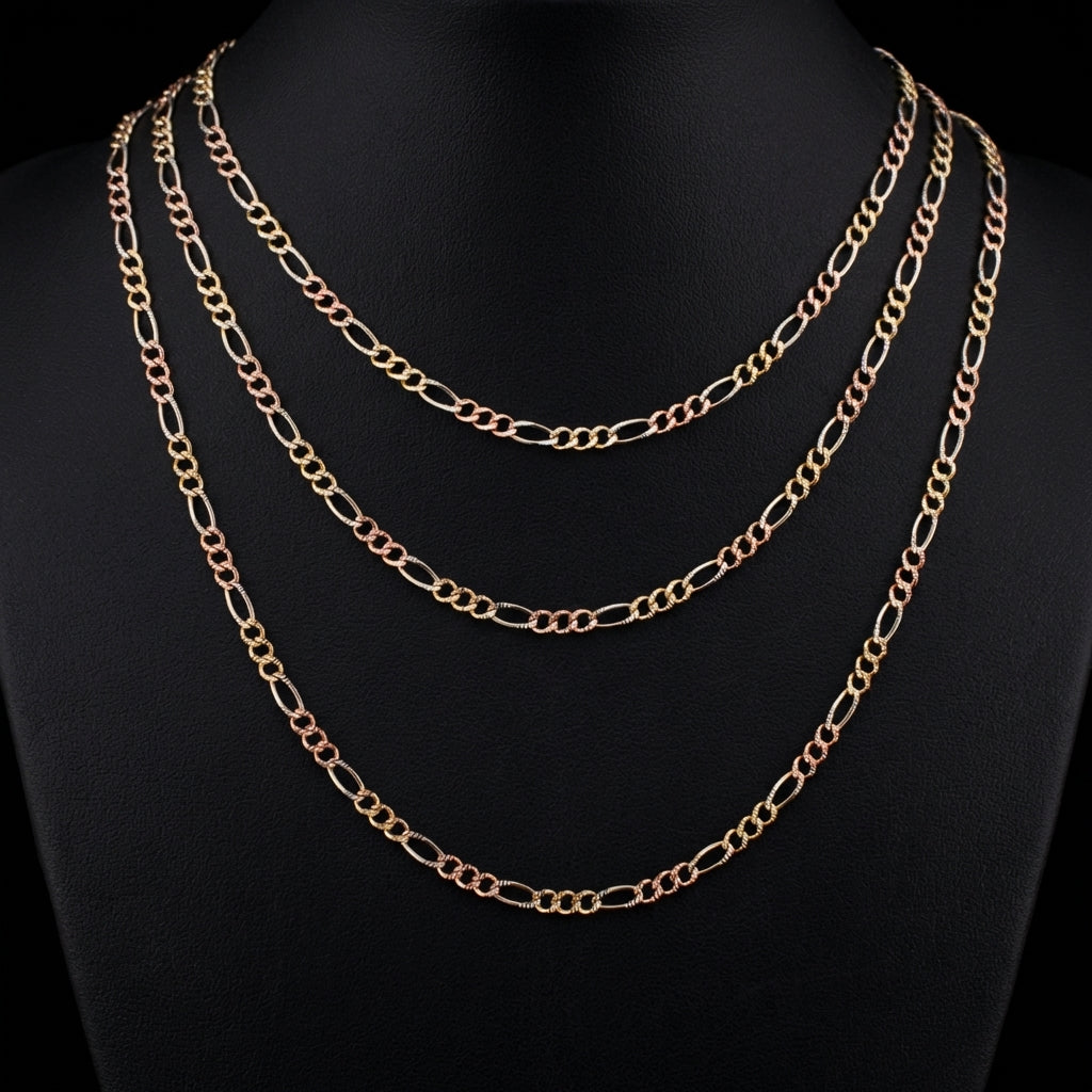 Real 14K Tri-Color Gold Figaro Chains