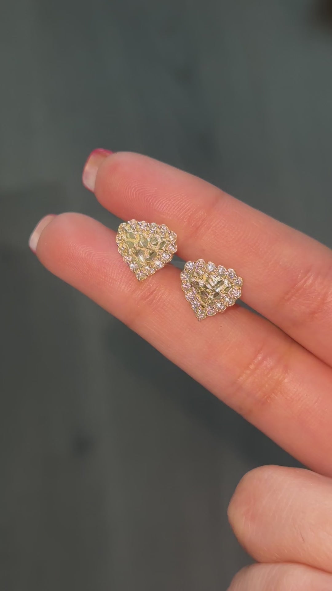 Real 10K Gold Heart Nugget CZ Studs