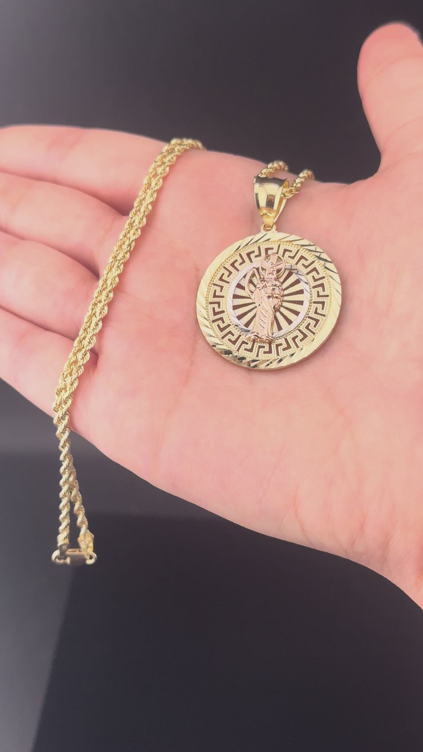 10K Gold Santa Muerte Round Pendant + 2mm Chain