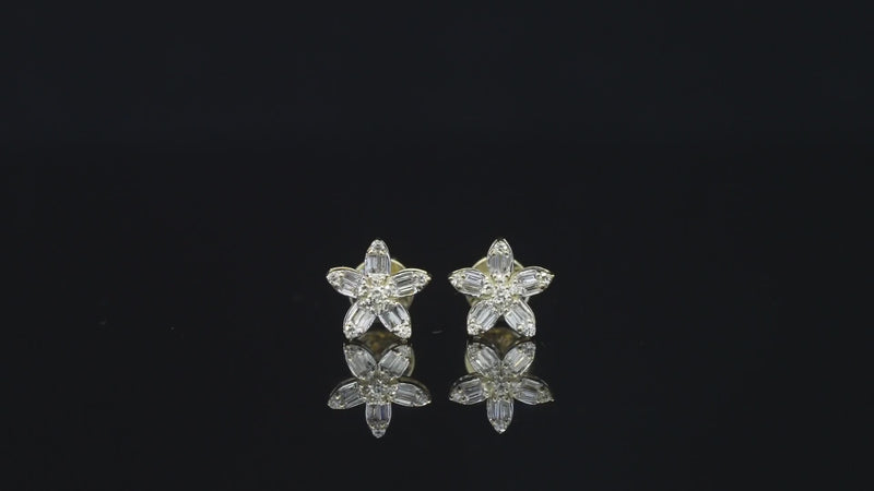 Real 10K Yellow Gold Diamond Flowers Studs 0.21 CTW